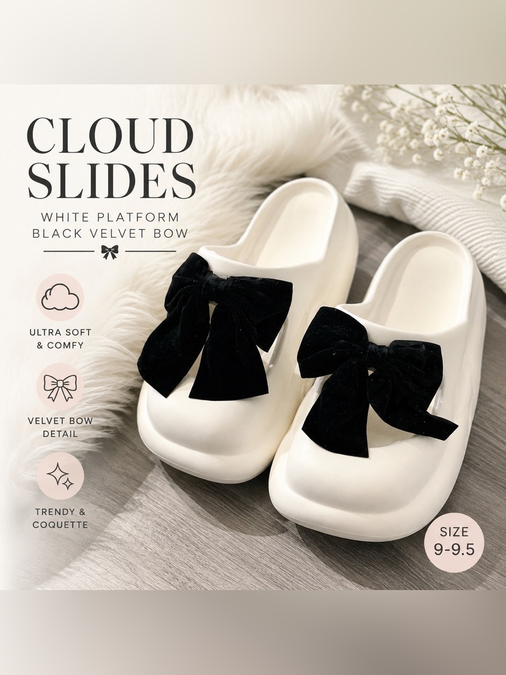 White Platform Cloud Slides with Black Velvet Bow - Size 9-9.5